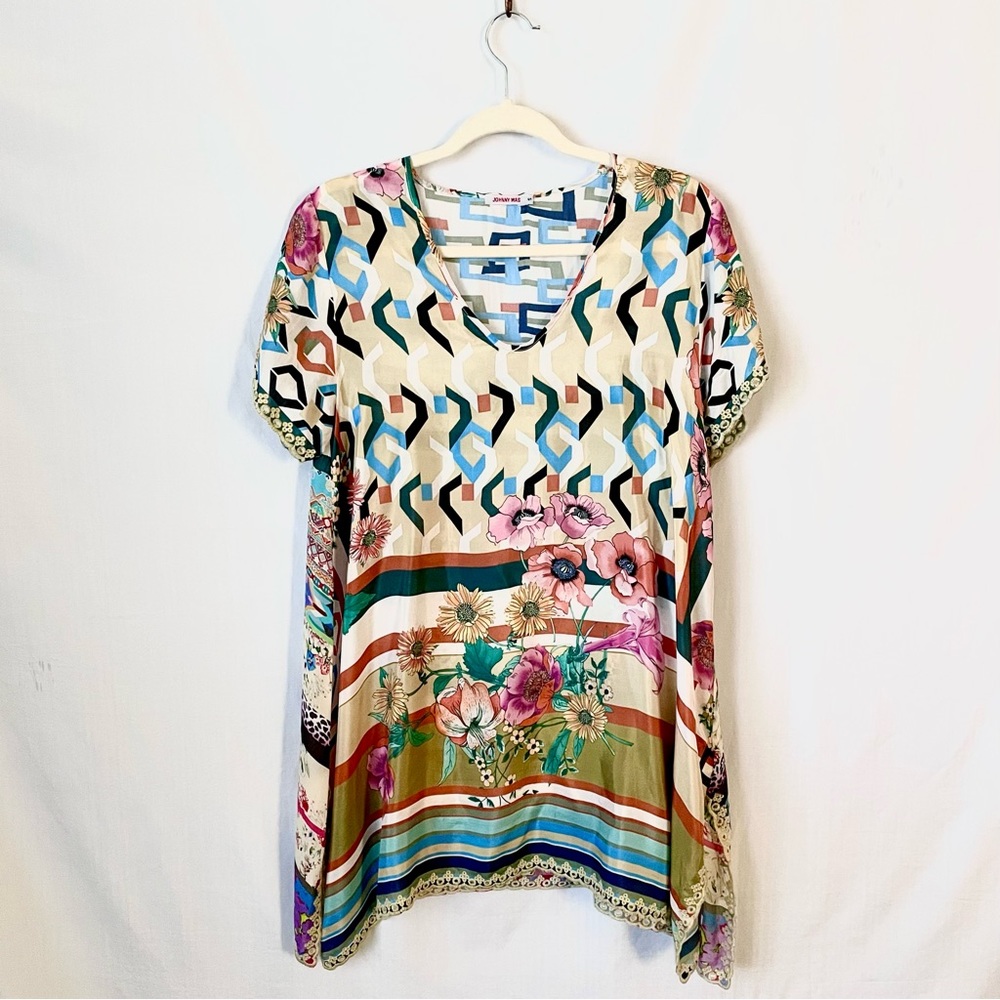 Johnny Was Multicolor Floral Geometric Short-Sleeve Silk Georgette Long Tunic